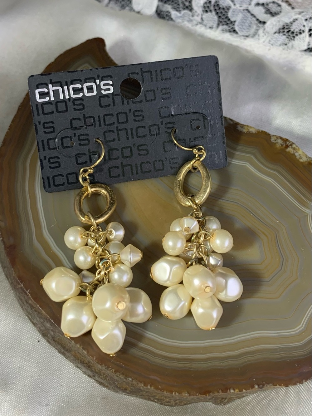 Chico's Gold-Tone Cluster Pearl Drop Earrings - Cream Pearlescent New with tag.